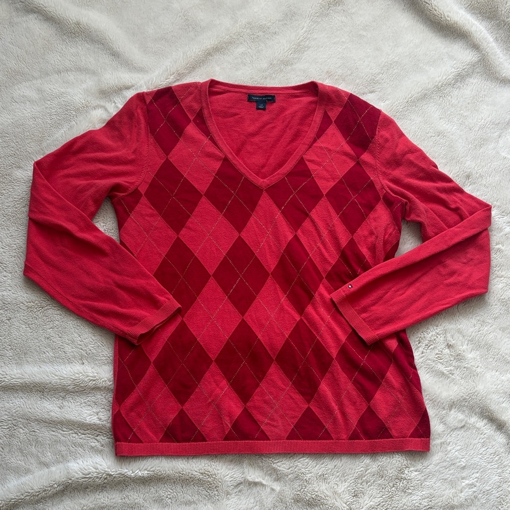 Tommy Hilfiger Crimson Argyle V-Neck Sweater